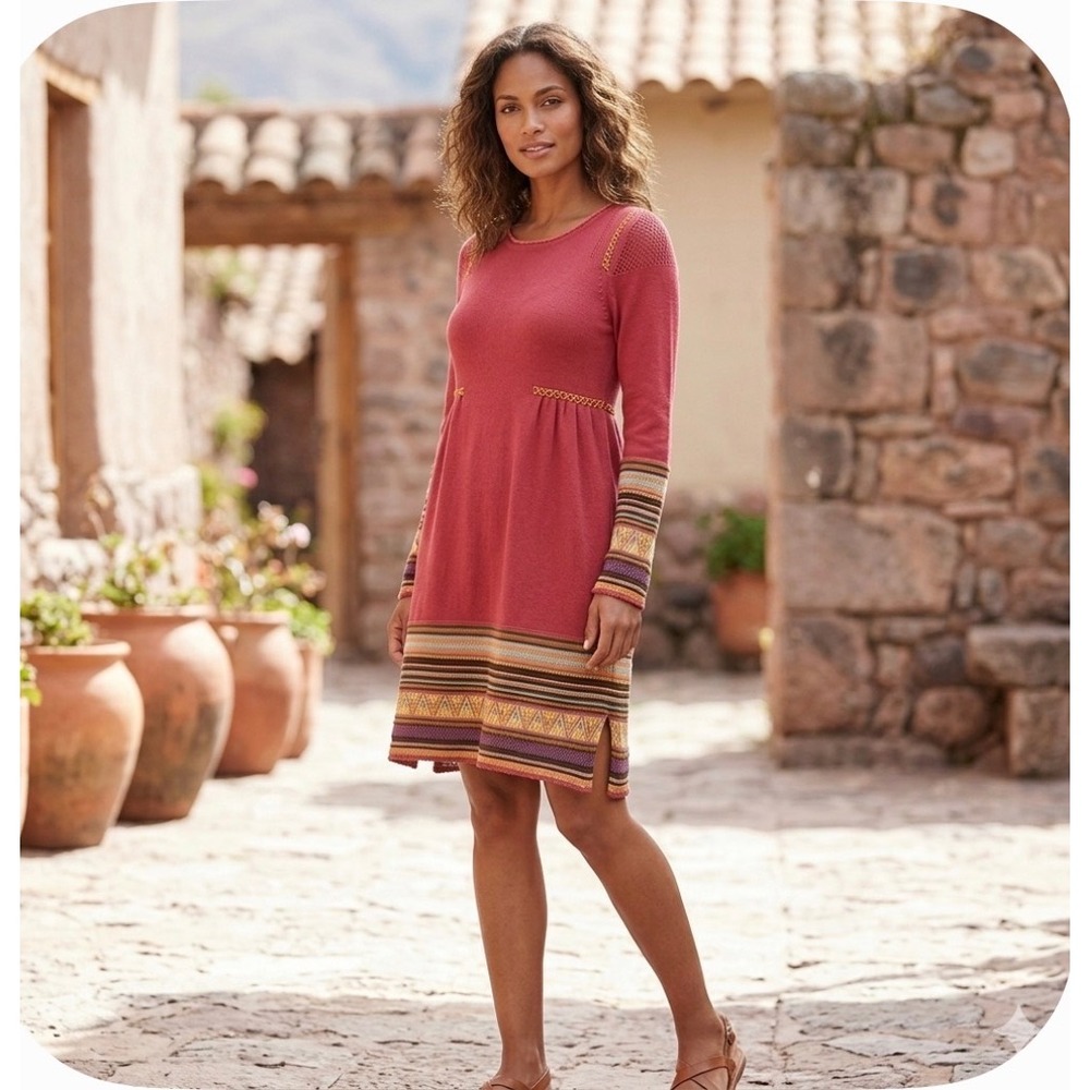 Peruvian Connection Knit Dress Womens L Red Pima Cotton Boho Fair Isle Geometric